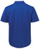 A blue polo shirt with short sleeves and a collar, featuring a logo on the back.
