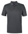 A dark grey polo shirt with a collar and three buttons, featuring a branding logo on the inside.
