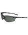 A pair of black sunglasses with polarised lenses and a textured frame, featuring a logo on the side.