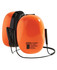 A pair of bright orange ear muffs with a neck band and a logo on the side.