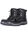A pair of black lace-up safety boots featuring a sturdy design and metallic eyelets, with a logo on the side.
