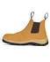 A pair of tan traditional soft toe boots with elastic side panels and a rugged sole. Features a logo on the side.