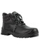 A black lace-up boot with a textured finish and sturdy sole, featuring stylish laces and a logo.
