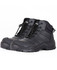 A pair of black safety boots with a rugged design, featuring laces and a logo on the back.