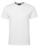 A plain white fitted t-shirt with a round neck and short sleeves, featuring a logo on the label.