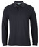 A long-sleeve black polo shirt with a collar and a three-button placket, featuring a logo.