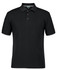 A black polo shirt with short sleeves and a three-button placket. It features a collar and has a logo.