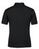 A black polo shirt featuring a collar and short sleeves, with a logo on the back.