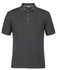 A dark grey polo shirt featuring a collar and three-button placket, with a logo on the chest.