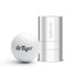 A white golf ball with a logo beside a silver Modico A25 stamp for creating 25mm round imprints.