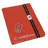 A red A5 bonded leather notebook with elastic and a clip, featuring a logo on the cover.