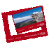 A red magnetic photo frame displaying a scenic landscape image, featuring an area for a photo and a logo.