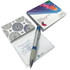 A patterned notepad and a pen on a white background, featuring a branded cover. The notepad has blank pages.