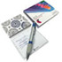 A combination pad set featuring a patterned notepad and a silver pen, with a blue accent. Includes a branded logo.