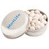A silver candle tin filled with white mints, featuring a logo on the lid.