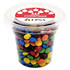 A clear tub filled with colourful Mini M&Ms, featuring blue, green, yellow, red, and brown candies.