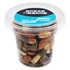 A clear tub filled with a mix of nuts and seeds, featuring almonds, pumpkin seeds, and dried fruit.