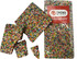 A milk chocolate bar covered in colourful 100s and 1000s, with several pieces broken off, and featuring a branding logo.