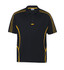 A black polo shirt featuring yellow accents along the sides and collar, with a logo present.