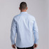 A light blue men's button-up shirt with long sleeves and a logo on the back.