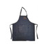 A denim full bib apron in deep blue, featuring a neck strap and front pockets, with a logo design.