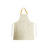 A beige poly-cotton canvas full bib apron with a yellow neck strap and a front pocket, featuring a logo.