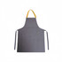 A full bib apron in grey with a yellow neck strap and one front pocket, featuring a logo.