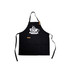 A black poly-cotton canvas full bib apron with a neck strap, featuring a coffee cup design and a logo.