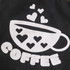 A black apron featuring a white design of a coffee cup with hearts and the word "COFFEE" below it.