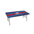 A rectangular table topper with a blue background and red stripes, featuring a logo in the centre.