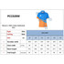 A women's 100% cotton shirt in blue and orange with a collared neckline and short sleeves, displaying sizing information.