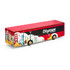 A wooden model bus in red, featuring colourful cityscape graphics, with wheels for display.