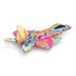 A wooden model of a jet fighter in vibrant pink and blue with colourful patterns, featuring a logo.