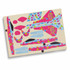 A wooden model kit of a jet fighter featuring vibrant pink, blue, and multicoloured designs, with various parts included.