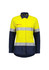 A lightweight, long-sleeve work shirt in fluorescent yellow and navy with reflective tape and a logo.
