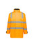 A waterproof unisex jacket in bright orange with reflective silver stripes and a high collar. It has two front pockets and a branding logo.