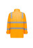 A waterproof jacket in bright orange with reflective strips, featuring a logo on the back. Suitable for visibility.
