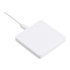 A square wireless charging pad in white with a connected cable. Features branding on the surface.