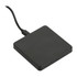 A square black wireless charging pad with a connected cable. It features a sleek, minimalist design.