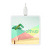 A square wireless charging pad in white with a colourful beach umbrella graphic and a branding logo.