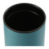 A drink bottle with a teal exterior and black interior, featuring a logo on the side.