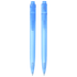 Two translucent blue ballpoint pens, featuring a simple design and a logo on one pen.