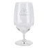 A clear glass beer glass with a round bowl and a slender stem. Features a logo on the front.