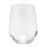 A stemless glass cup with a clear design, featuring a wide base and a tapered top. It has a subtle branding detail.