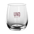 A stemless glass cup in clear glass, featuring a logo in burgundy, suitable for various beverages.