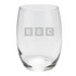 A clear glass wine cup with a curved design, featuring a subtly placed logo.