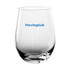 A glass wine cup in clear glass with a rounded shape, featuring a logo in blue.
