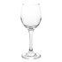 A clear glass wine glass with a tall stem and a round base, featuring a simple, elegant design.