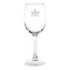 A clear glass wine glass with a stem and a logo etched on the front. Suitable for serving wine.