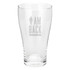 A clear glass beer schooner with a tapered design. It features a logo near the top.